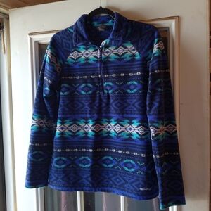 Eddie Bauer Women's Blue and Teal Patterned 1/4 Zip Fleece Pullover